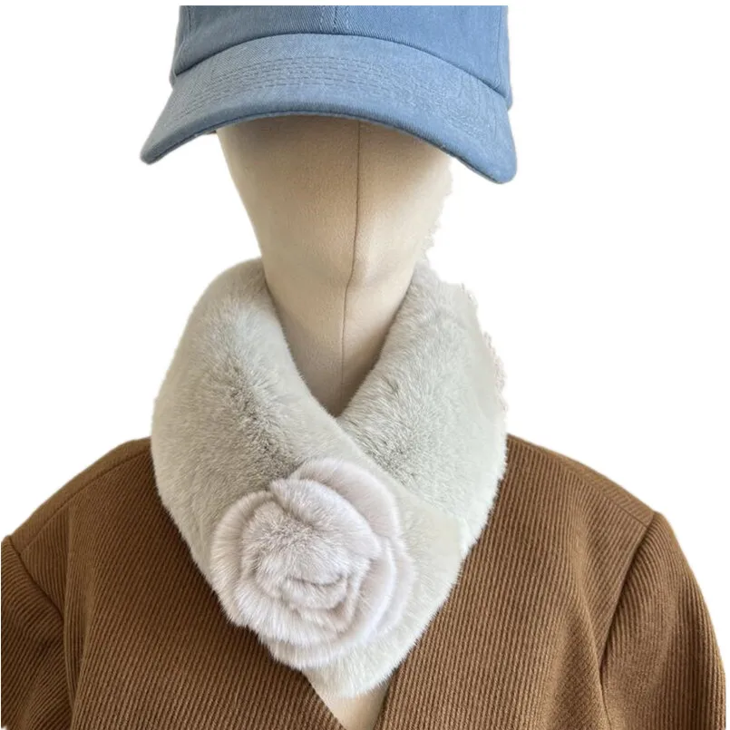

New Winter Women's Genuine Real Rex Rabbit Fur Scarf Full Pelt Wraps Street Fashion Neck Warmer with Flower