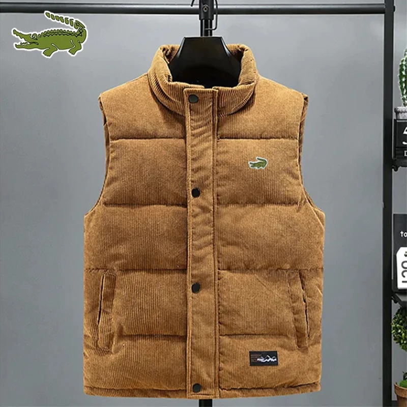 2024 New Vest Jacket Men's Autumn Winter Warm Sleeveless Coat Stand Collar Padded Waistcoat Corduroy Work Wear Male Clothes 5XL