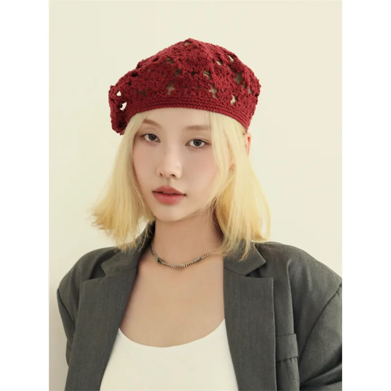 

Japanese New Handmade Hollow Solid Color Breathable Beret Female Summer Ancient Crochet Woven Literary and Artistic Painter Hat