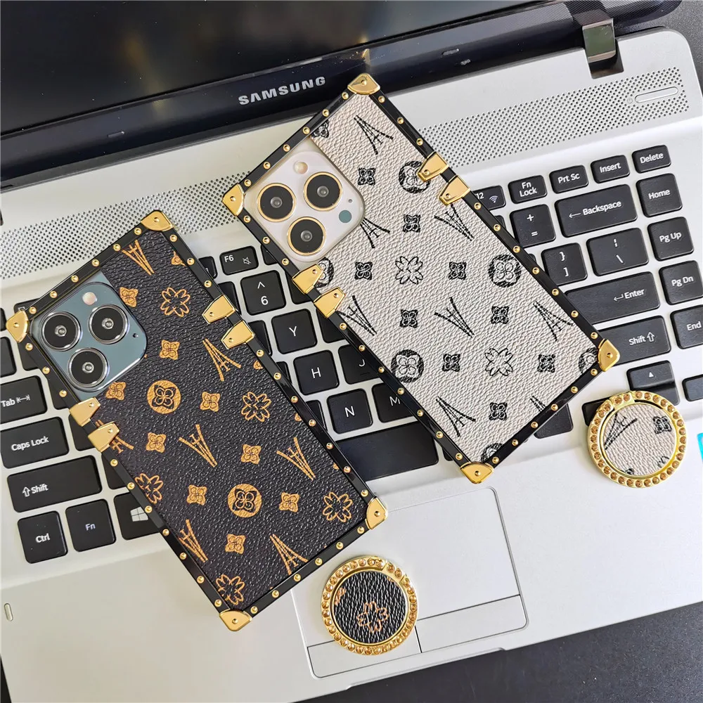 Luxury Geometric Pattern Cover Vintage Flower Square Leather Case