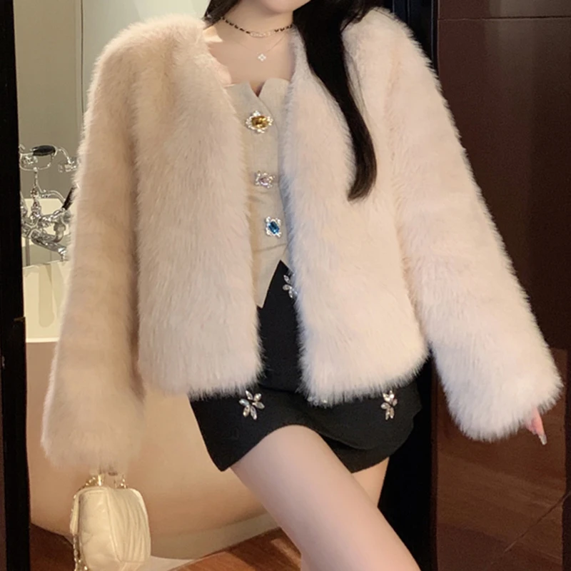 

Элегантное пальто из искусственного меха, Женская пушистая куртка, Корейская искусственная пушистая верхняя одежда, зимнее модное плюшевое пальто, Новинка