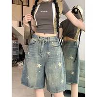 American Style Vintage Women's Short Jeans High Waisted Washed Wide Leg Denim Pants Woman Fashion Do Old Star Knee Length Shorts