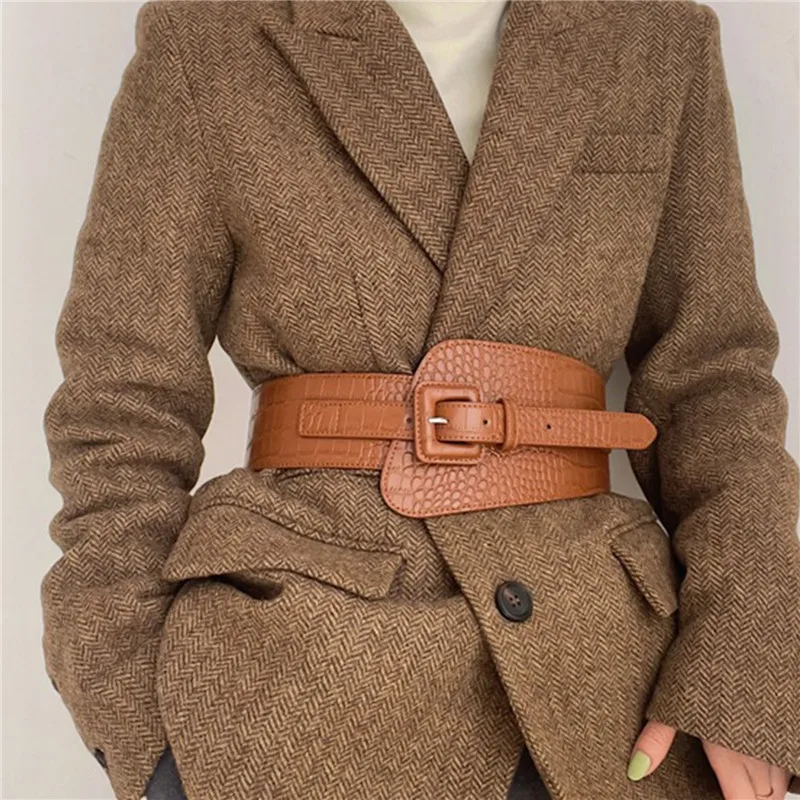 Ladies Belt Crocodile Pattern Pu Leather Wide Belt Coat Dress Coat Corset Fashion Designer Brand Belts For Women_voghion.com