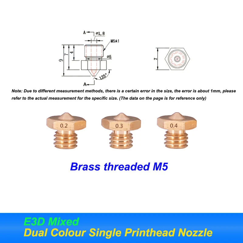 E3D Mixed / Two-Tone Single Nozzle Nozzle Brass Threaded M5 1.75/0.2/0.3/0.4mm Consumables For 3D Accessories