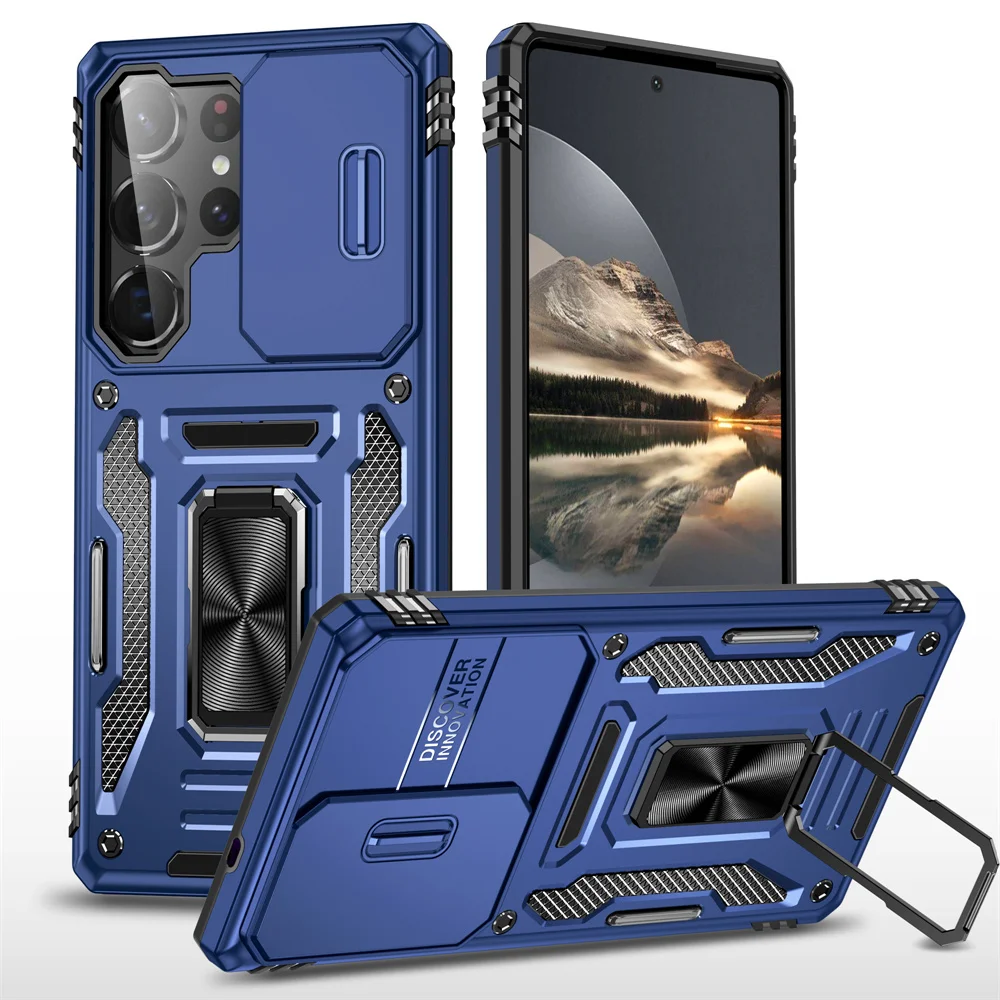 Magnetic Ring Holder Phone Case with Slide Camera Kickstand and Armor Cover