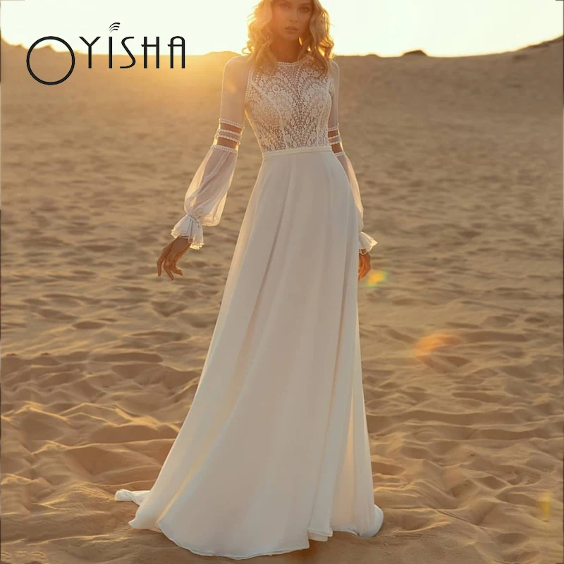 

OYISHA Beach Chiffon Wedding Dress For Bride Vintage Long Sleeve Lace Appliques Bridal Gown Illusion Back Buttons Robe De Mariée
