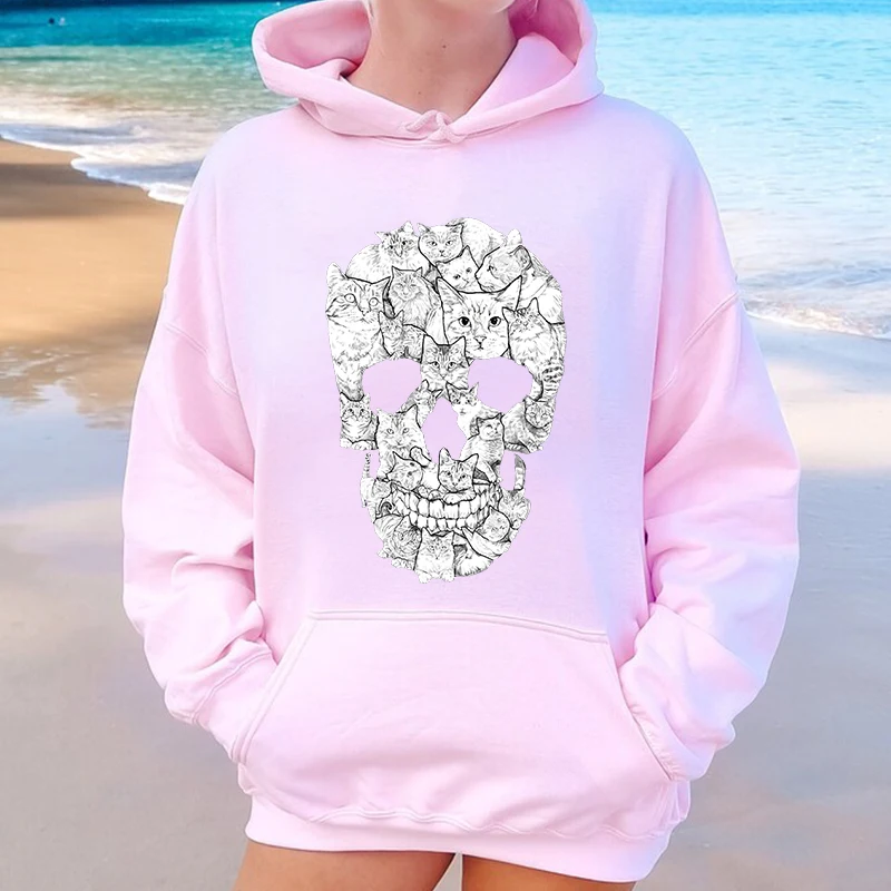 Cat Skull Printed Women's Autumn and Winter Hoodies Fleece Sweatshirt Loose Tops - Image 3