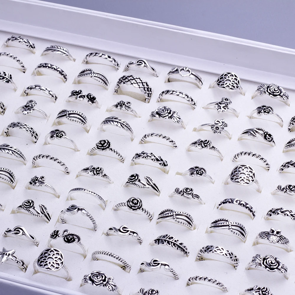 100 Pcs/Lot Vintage Bohemia Carved Flower Geometric Rings for Women Mix Style Antique Silvery Ethnic Jewelry Party Gift Wholesal