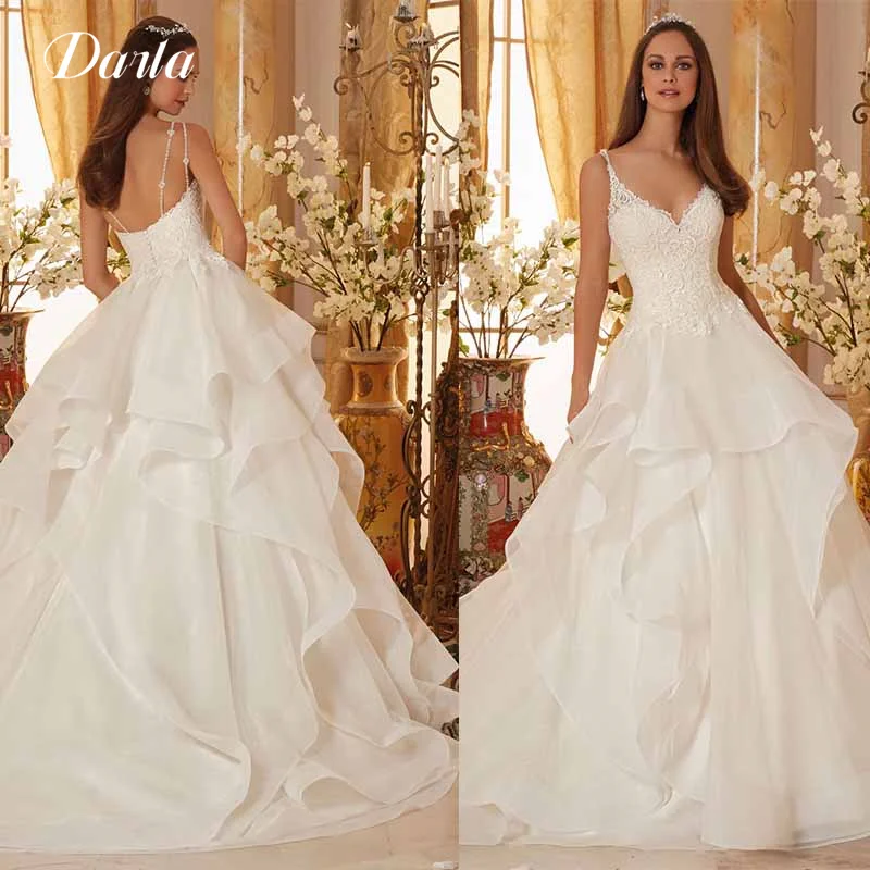 

Darla Elegant Wedding Dresses V-Neck Lace Bodice Ruffles Ball Gown Skirt Princess 2024 Spaghetti Straps Robe De Mariée Luxury