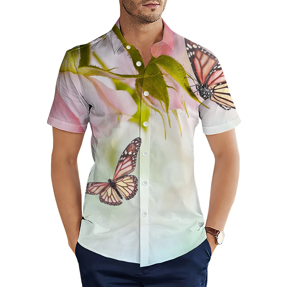 

HX Fashion Animal Hawaii Shirts Plant Rose Stamen Butterfly 3D Printed Casual Shirts Men Summer Short Sleeve Tops Camisas