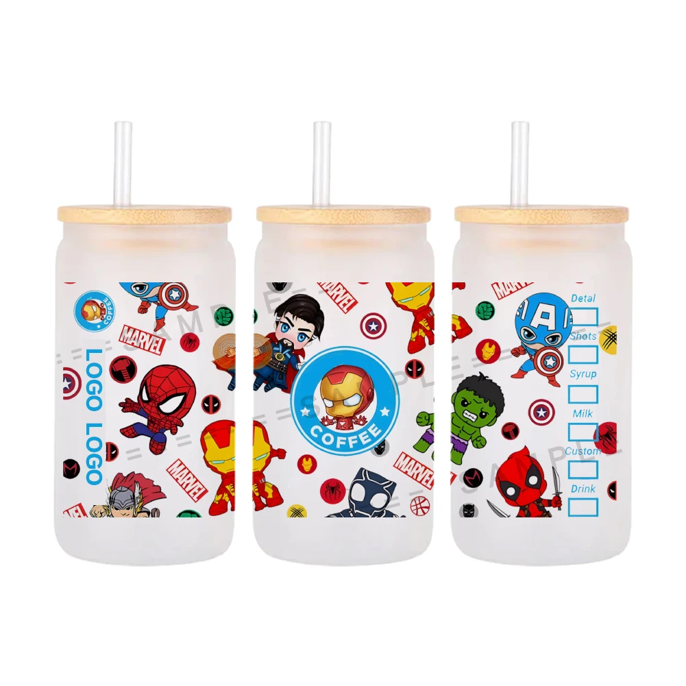 

W Marvel Heros Pattern UV DTF Transfer Sticker Waterproof Transfers Decals For 16oz Glass Cup Wrap Stickers