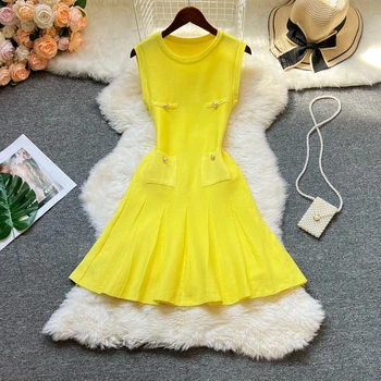 YuooMuoo Chic Fashion 2025 Summer Pleated Short Dress Women O-neck Slim Waist A-line Party Dress Streetwear Lady Outfits Vestido 2