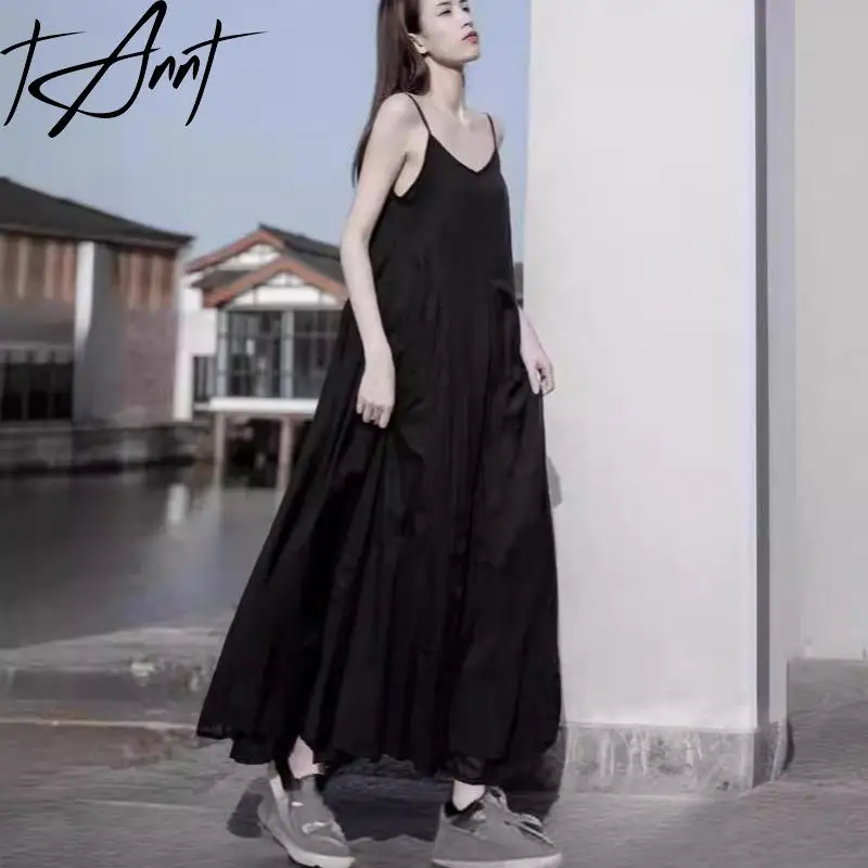 

Tannt Women Dress O-neck Sleeveless Camisole Dresses Black White Patchwork Cotton Sexy Long Summer Dresses 2024 New