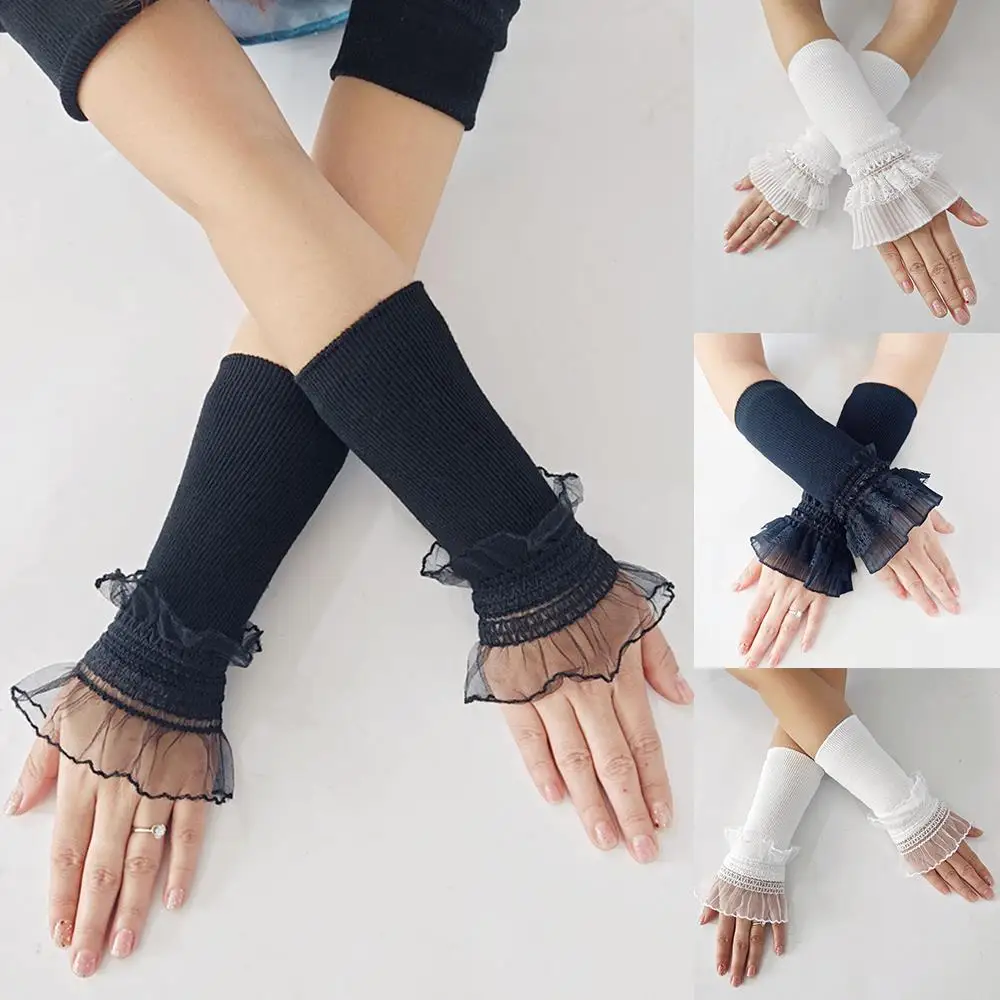 Women Long Lace Wrist Cuffs Knitting Elastic Arm Warmers Sleeves Cuffs Warm Fingerless Gloves Lolita False Cuffs Sweater Decor