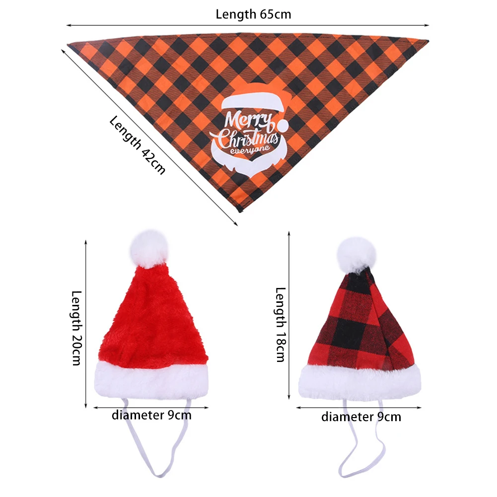 Chapeau de Noël à carreaux pour animaux de compagnie, ensemble de serviettes de salive, doux, confortable, respirant, accessoires de costume pour chats et chiens, soutien, vente en gros