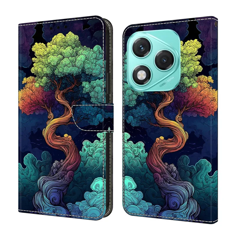 Leather Etui Phone Case - Magnetic Wallet Flip Cover with Painted Flower and Deer Design