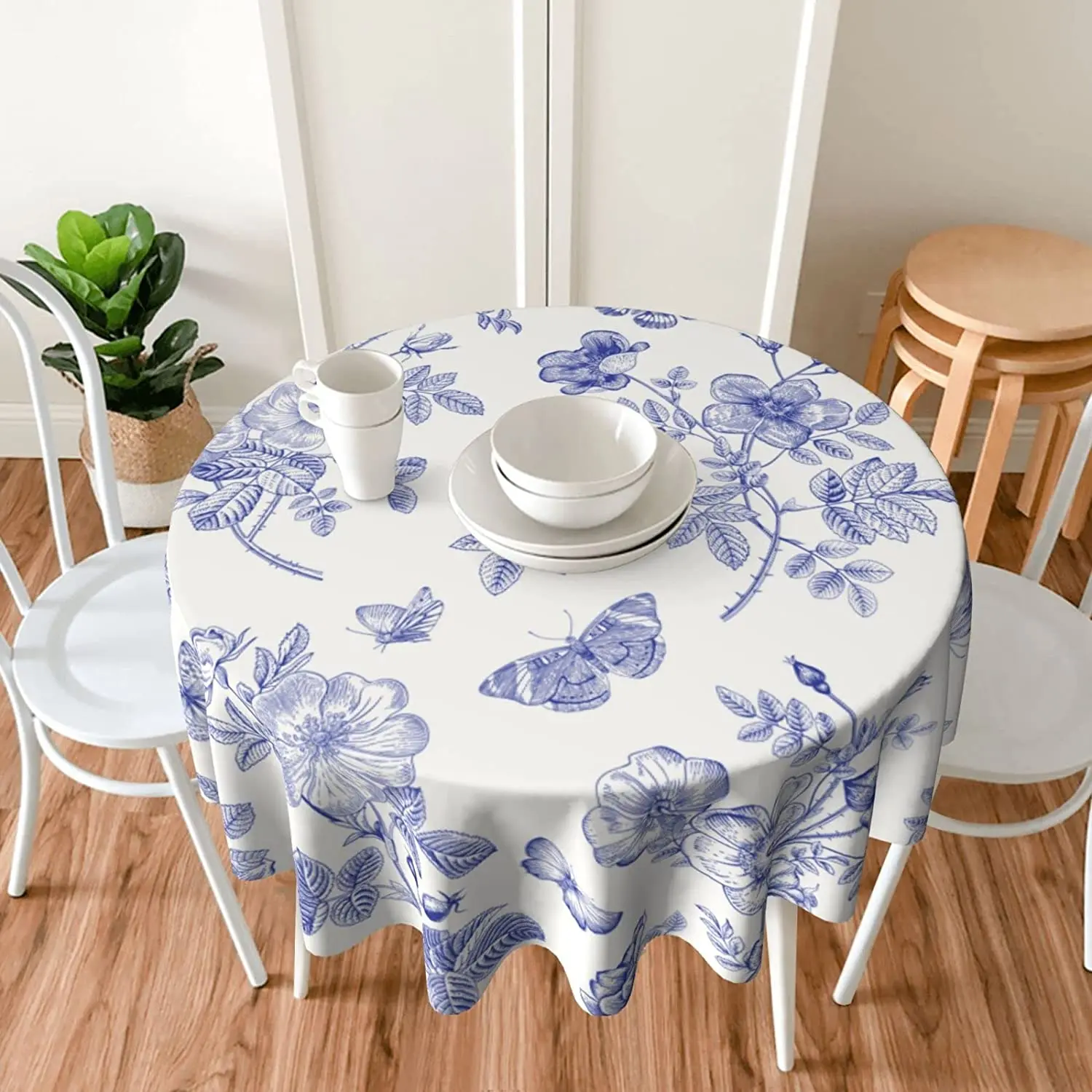 

Spring Flower Tablecloth Round 60 Inch Blue White Table Cloth Waterproof Fabric Farmhouse Floral Butterfly Tablecloths Decor