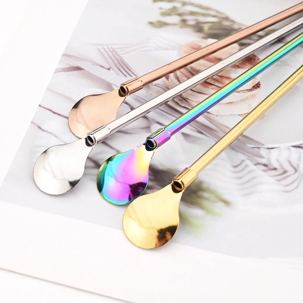 Premium Reusable 2-in-1 Metal Straw and Spoon Set - Stainless Steel with Cleaning Brush (5 Pieces)