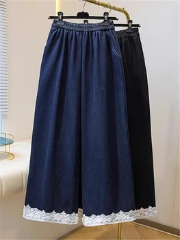 Plus Size 5XL 140kg Summer Autumn Women Ankle-Length Jeans Elastic Wasit Lace Wide Leg Pants Big size Jeans Oversized Clothes