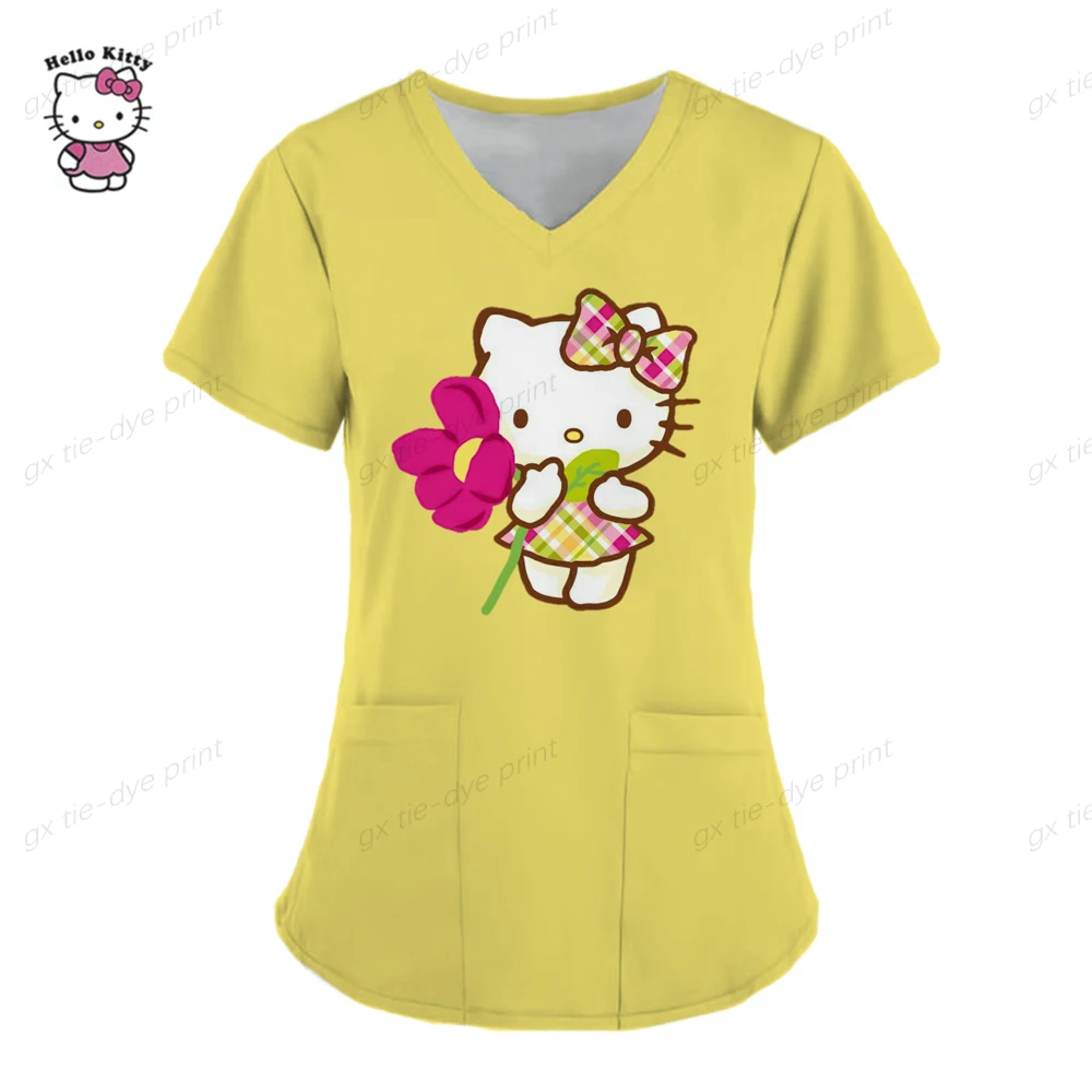 thumbnail image 1 of Camisetas de verano, tops de bolsillo, uniforme de enfermera, Hello Kitty, ropa de mujer con cuello en V, camiseta de hospital, camisetas para mujer 2023, camisetas para mujer, 1 of 5