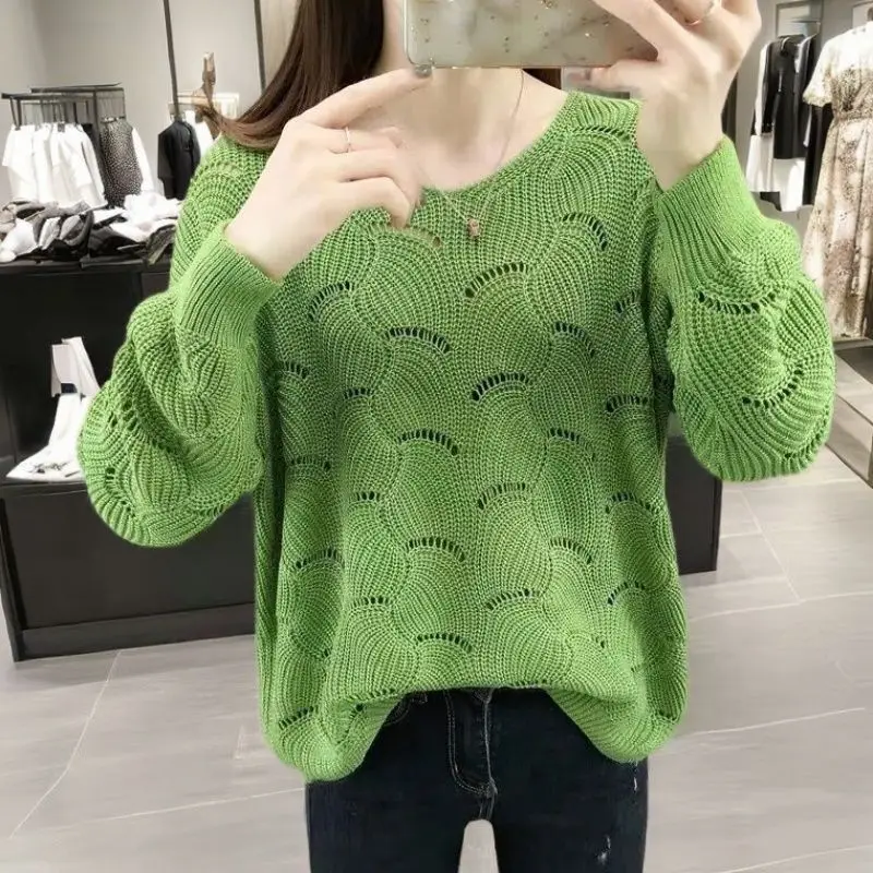 

Women's New Spring Autumn Pullovers Crew Neck Solid Color Hollow Out Fashion Casual Loose Long Sleeve Knitted Sweaters Tops