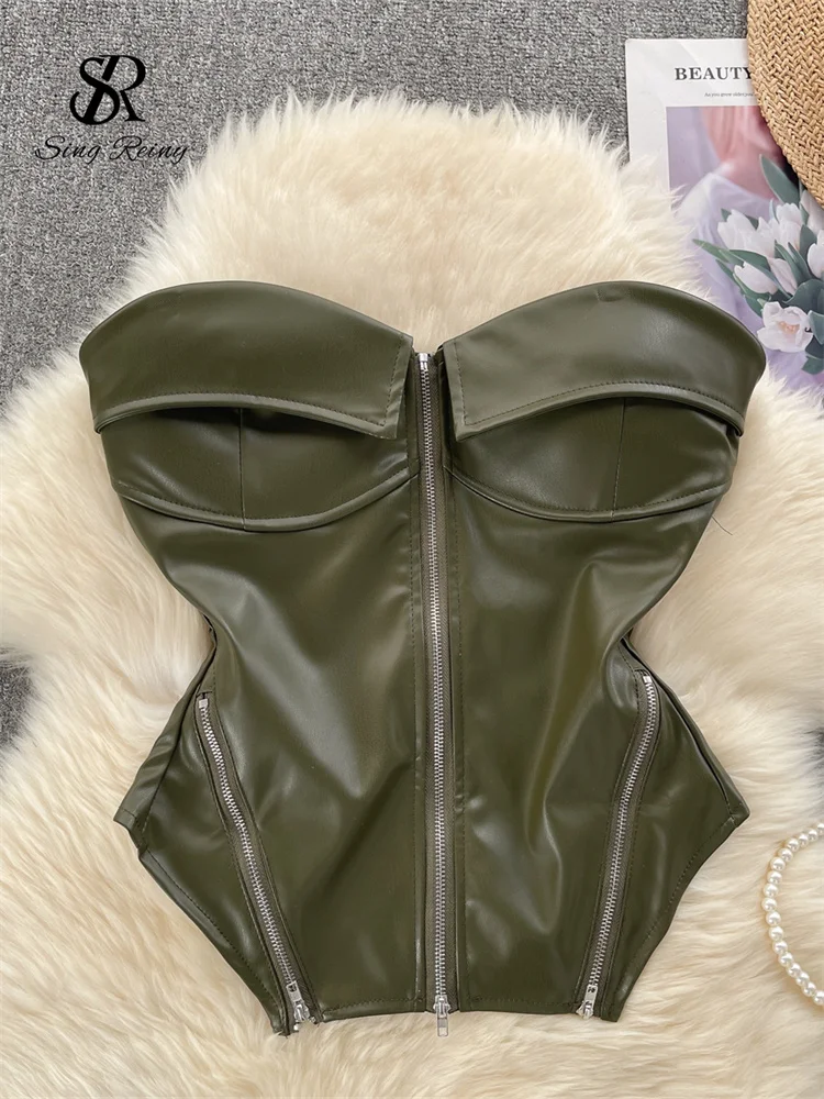 SINGREINY Strapless PU Leather Short Tank Top Fashion Zipper