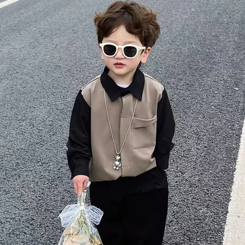Boys Color Block Shirt British Style Trendy Streetwear Spring Kids Clothing Small Children Shirt Handsome