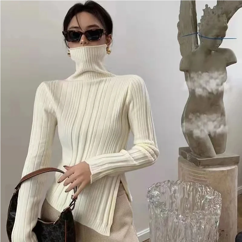 thumbnail image 1 of Suéter de cuello alto para mujer, otoño invierno 2021, nuevo jersey con abertura lateral, moda coreana, suéteres de punto, manga larga acampanada, básico, 1 of 5