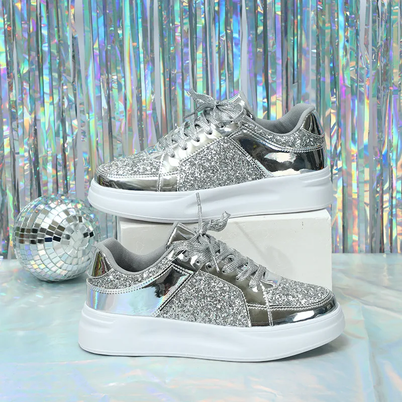 Plateau Sneaker Glitzer Sneaker Damen Silber Damen Sneakers Plateau Sneaker  Mit Strass Damen Plateau Sneaker