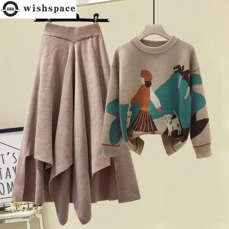 2022 Winter New Vintage Printing Knitted Sweater Irregular Bottom Half Dress Two Piece Elegant Women's Dress Set Party Dress