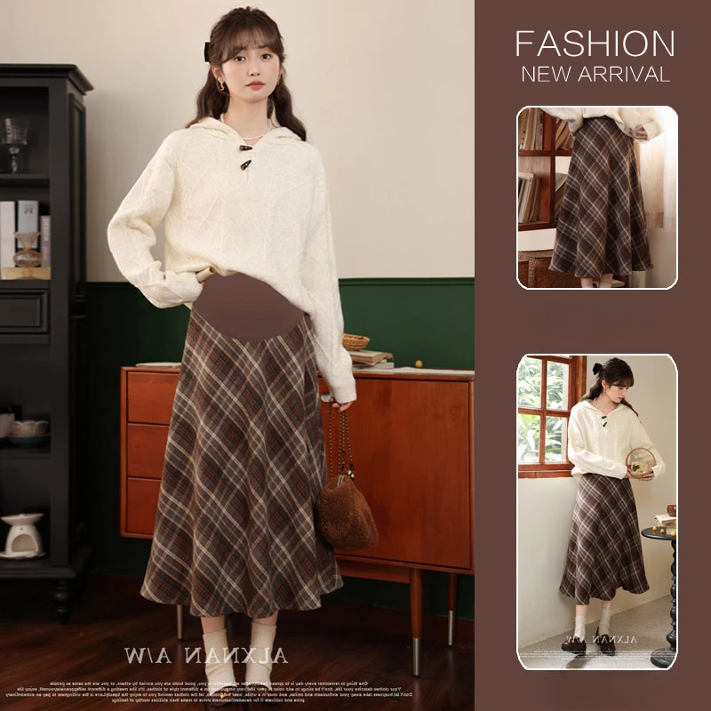 Korean Style Maternity Coffee Long Plaid Skirts Thick Warm Pregnant Woman Woolen Belly Skirt Plus Size Pregnancy Umbrella Skirt
