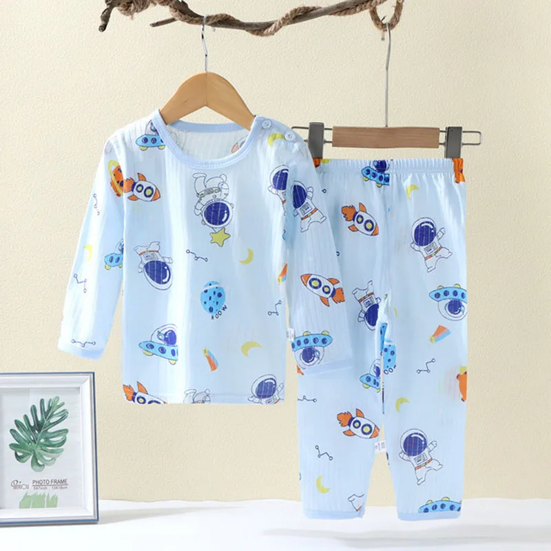 Soft Breathable Cotton Baby Children Pajamas Set Cute Cartoon Long Sleeve Home Sleepwear Set for 0-5 Years Old