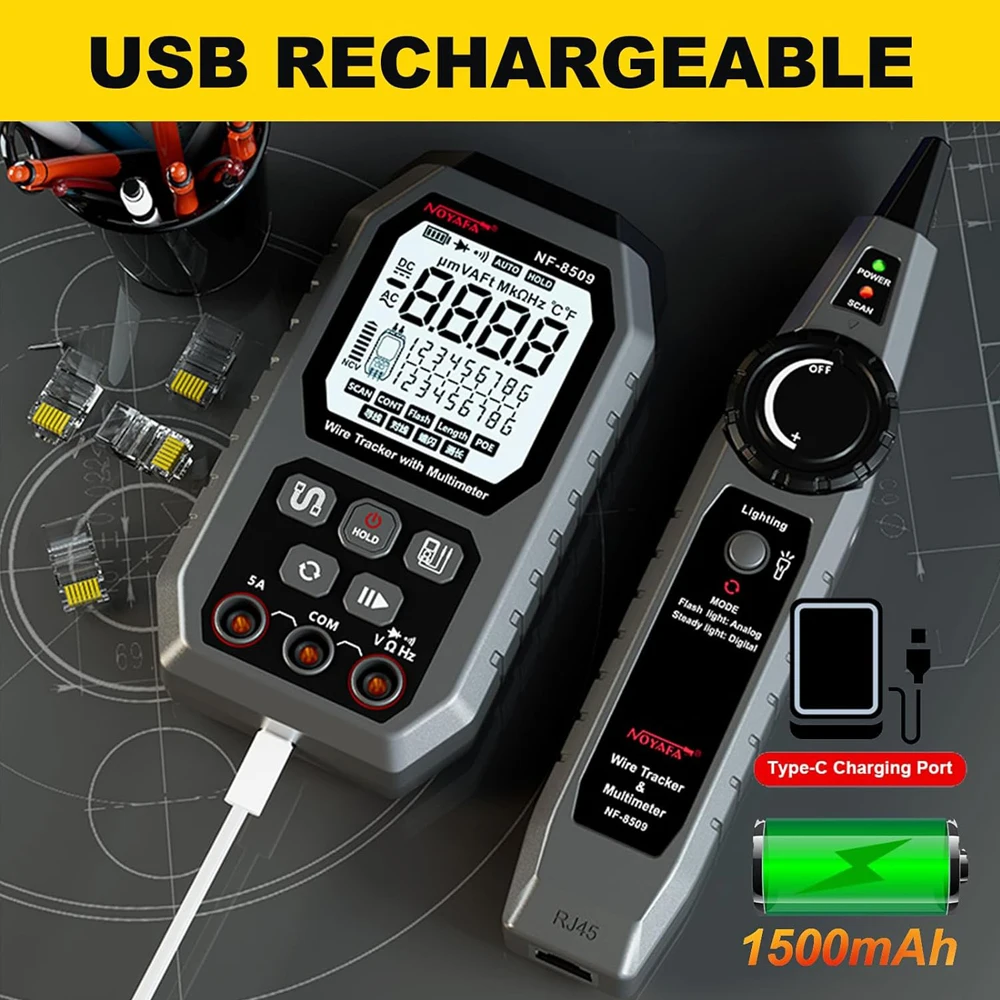 Noyafa Rede Cable Tester, Multímetro Digital, Cabo Tracker, Medir Comprimento, Wiremap Tester, Cat5, Cat6, NF-8509