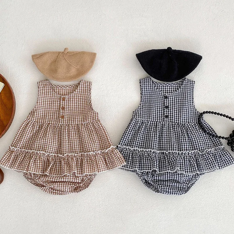 

Summer Korean Style Children Clothes Sleeveless Cotton Plaid T-shirt+PP Shorts Suit Infant Baby Girls Clothing Set