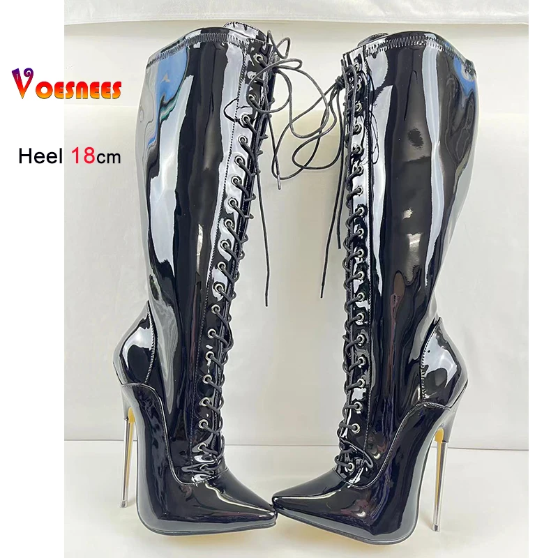 New 18cm Metal Heel Knee High Women Boots Night Club Stage Pointed Toe Pole Dance Shoes Patent Leather Custom Colors Plus Size