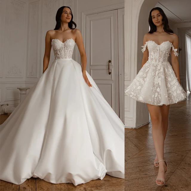 Customized Detachable Spaghetti Straps Wedding Dress 2 in 1 Lace Skirt Satin Ball Gown for Bride casamento Dress 1