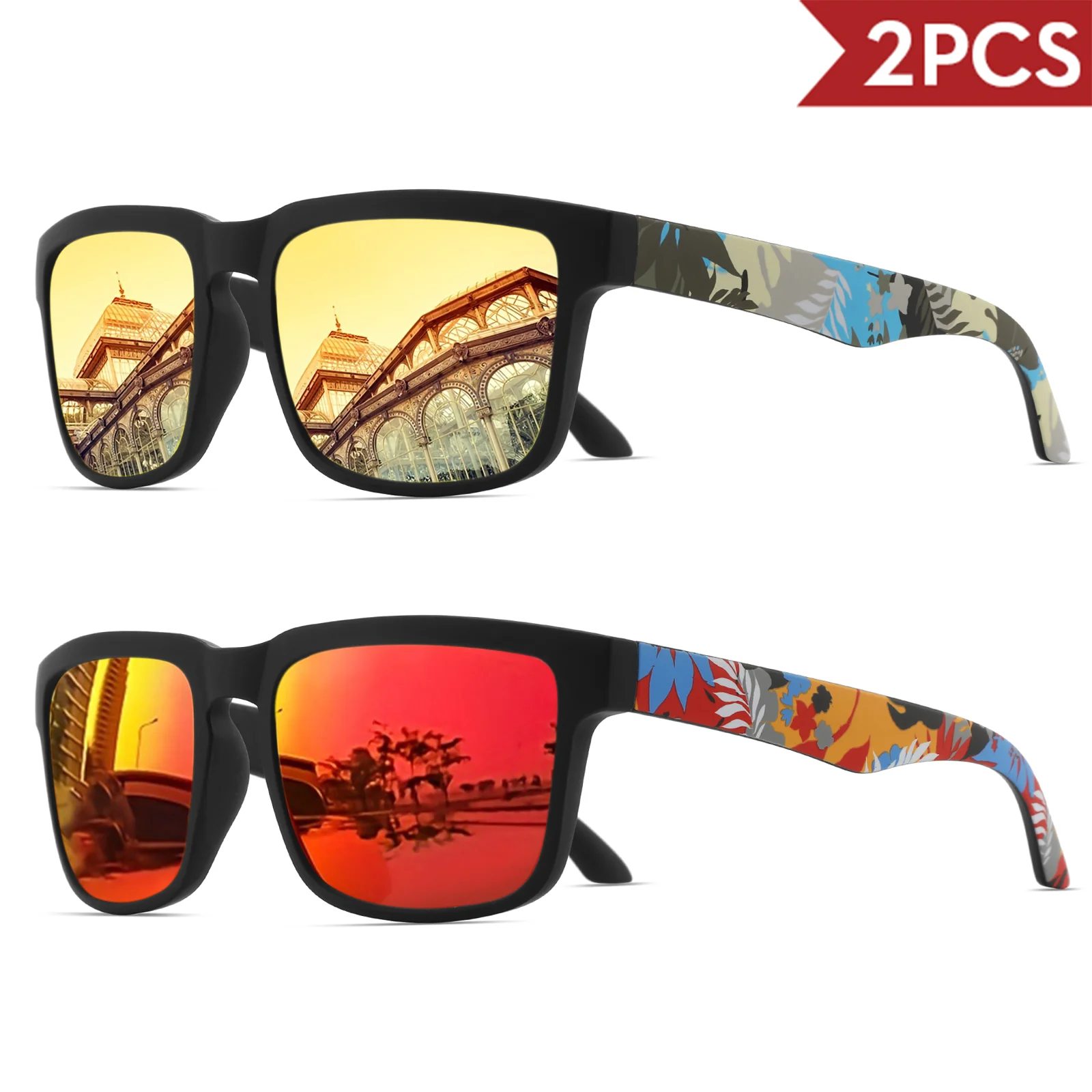 2 quadratische Sport-Sonnenbrille mit Designer-Tempelmuster – UV400 für Männer und Frauen, Strandurlaub – Detail 8