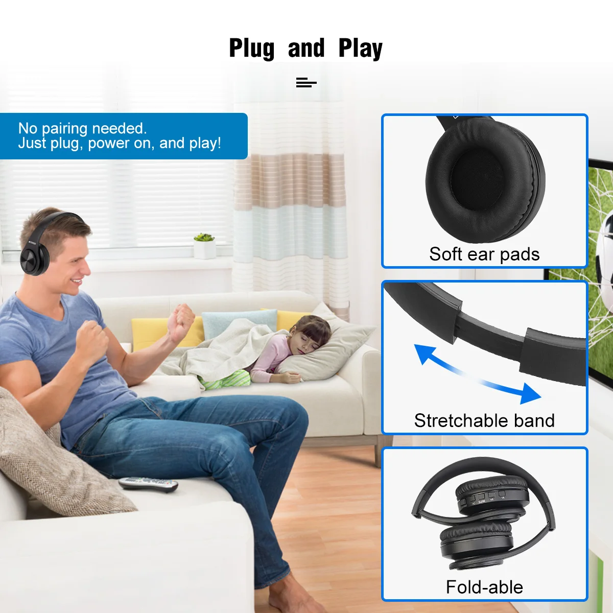 سماعة رأس لاسلكية من Retekess TA005 قابلة للطي تعم...