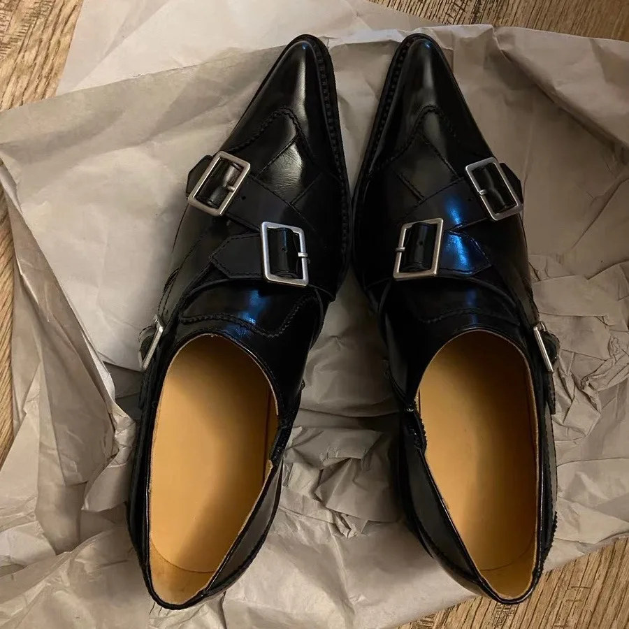 

Pointed Toe Zipper Slip On Pumps Buckle Thick Heel Patchwork Loafers Punk Metal Decoration Women Shoes Zapato de Tacón Chaussure