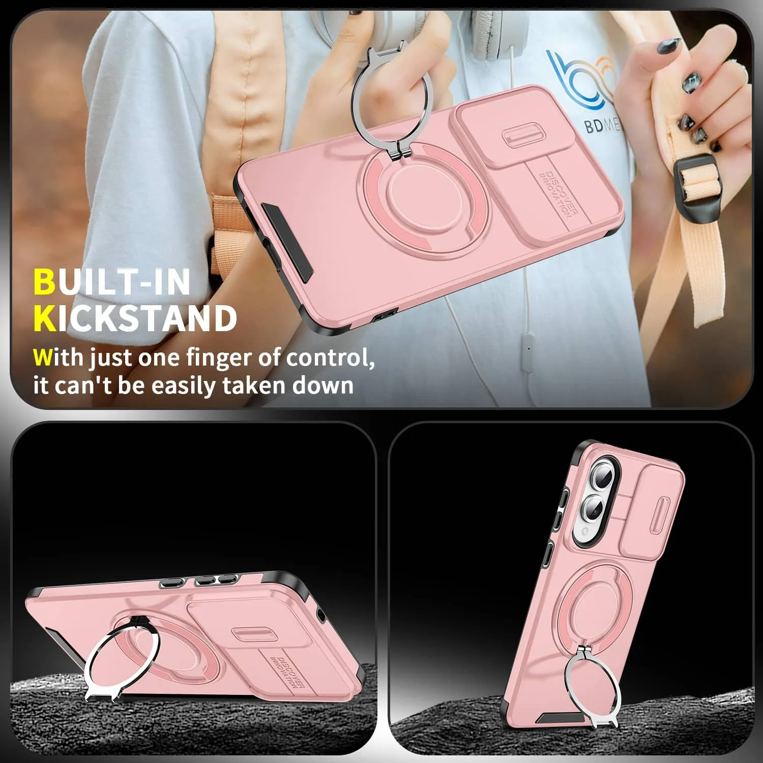 Heavy Duty Shockproof Armor Case with Slide Camera Lens Cover, Built-in Stand & Magnetic Car Mount