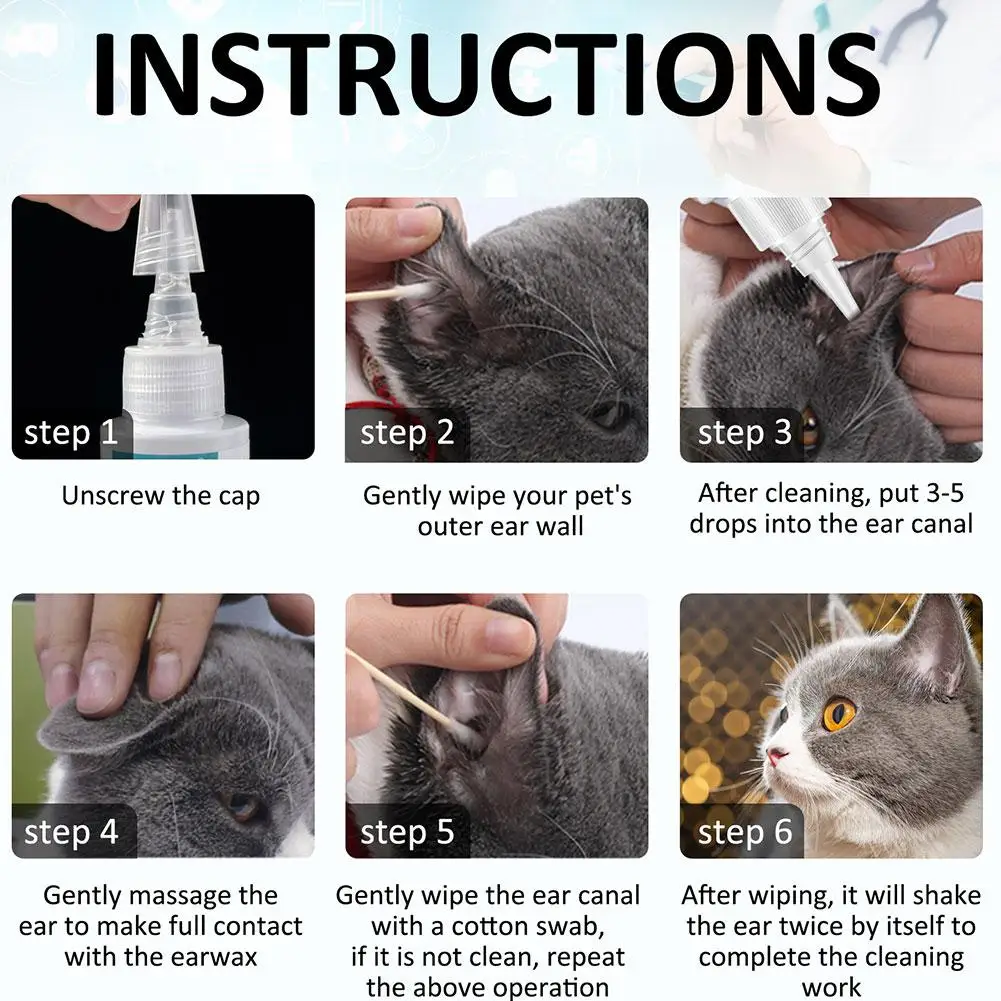 Cat Dog Ear Cleaner Pet Ear Drops Yeast Mites Infectiones Control Odor Removal Relieves Itching Anti Inflammatory Pet Ear Washer 6