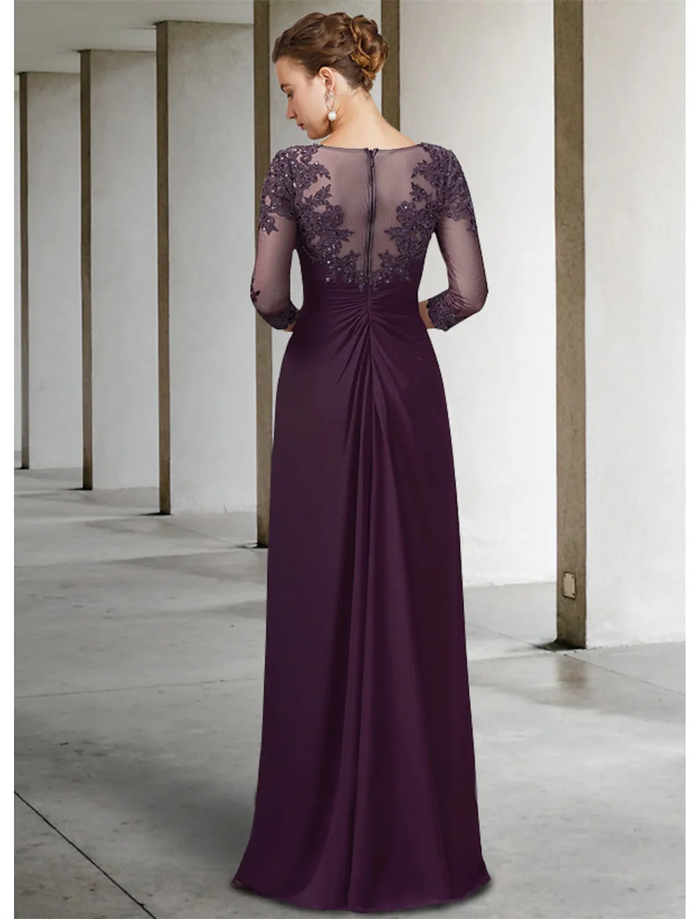 Column Mother of the Bride Dress Formal Gowns Elegant Sparkle Shine Jewel Neck Asymmetrical Floor Chiffon Lace 3/4 Length mother bride dresses