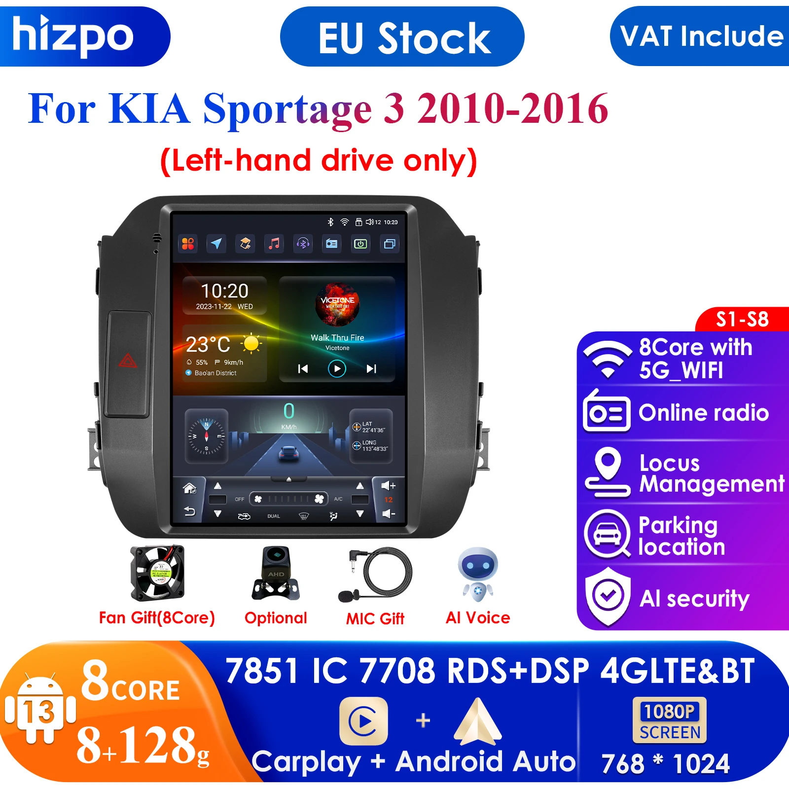 Carplay 4G+WiFi 7862 DSP 2Din Android 13 Car Radio Multimedia Video Player Navigation GPS for KIA Sportage 3 2010-2016 Head Unit