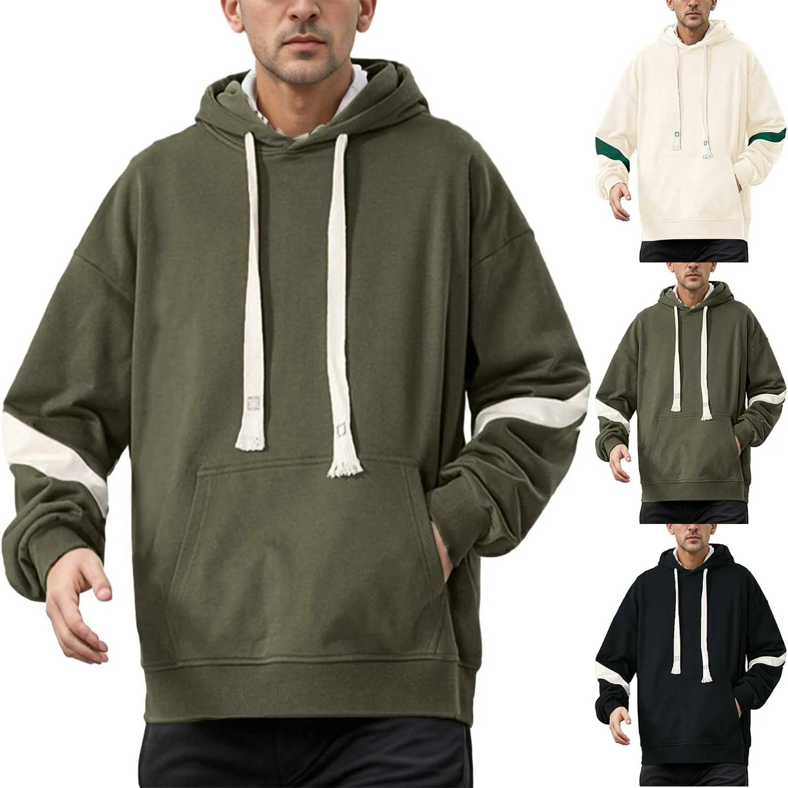 

Male Spring Autumn And Winter Casual Sweatshirt Trend Hooded Patchwork Color Drop Shoulder Sleeve Loose Round Neck Casual Hooded