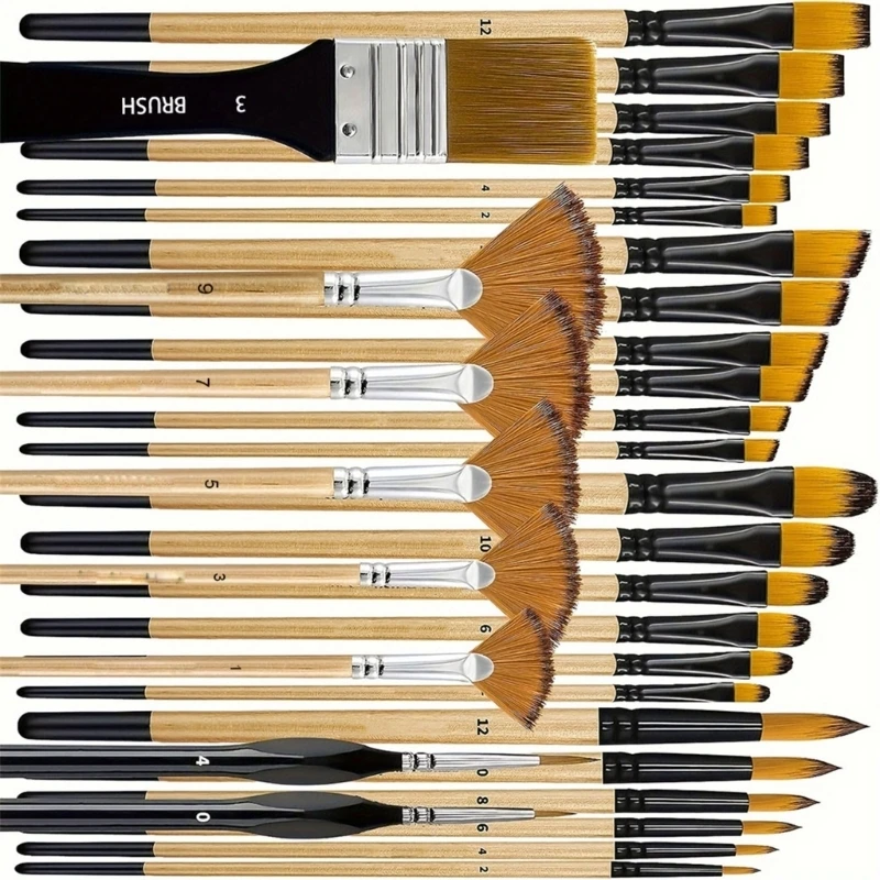 32Pcs 나무 손잡이 그림 브러시 예술가 초보자를위한 부드러운 나일론 Bristles 페인트 브러시 오일 수채화 아크릴 그림