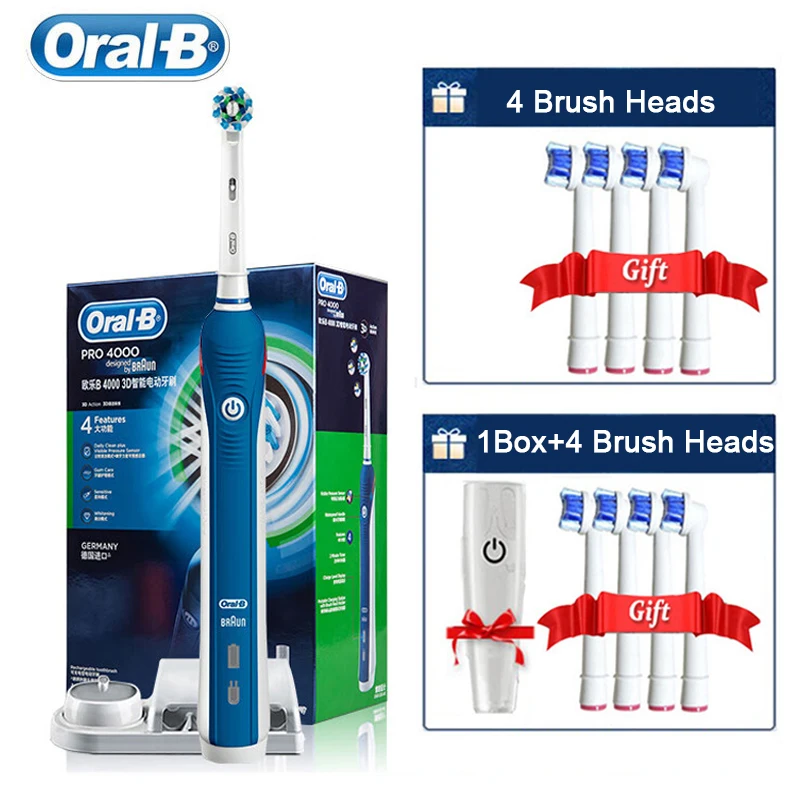 Spazzolino Elettrico Oral-B Pro4000 3D Denti Profondi Puliti 4 Modalità Sensore Di Pressione Visibile Timer Pennello Ricaricabile + 4/8 Ricariche Rega
