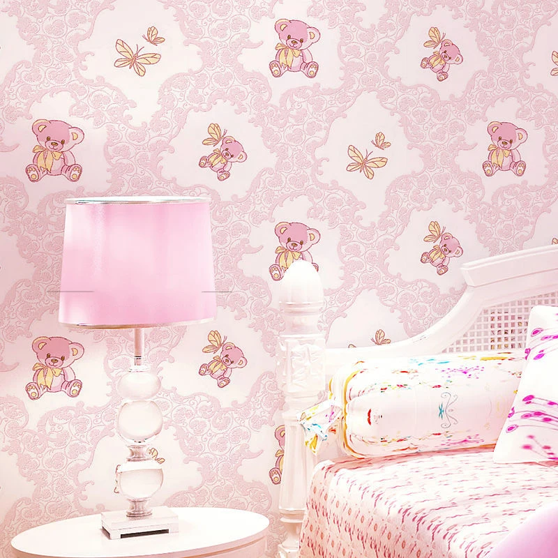 Warm Cute Children'S Room Wallpaper Pink Blue 3D Embossed Cartoon Bear Cat Animal Bedroom Baby Girl Boy Non-Woven Wallpaper custom photo wallpaper 3d urban architecture illustration mural children s bedroom background wall paper decor papel de parede