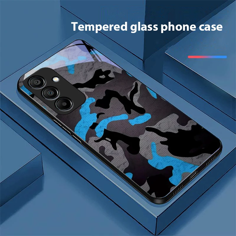Camouflage Blue Black Tempered Glass Phone Case