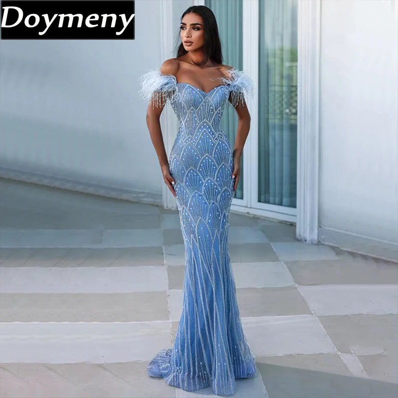 

Doymeny Women’s Sparkle Beaded Prom Dresses Sequined Off Shoulder Feather Mermaid Cocktail Dress Formal Evening Party Gowns