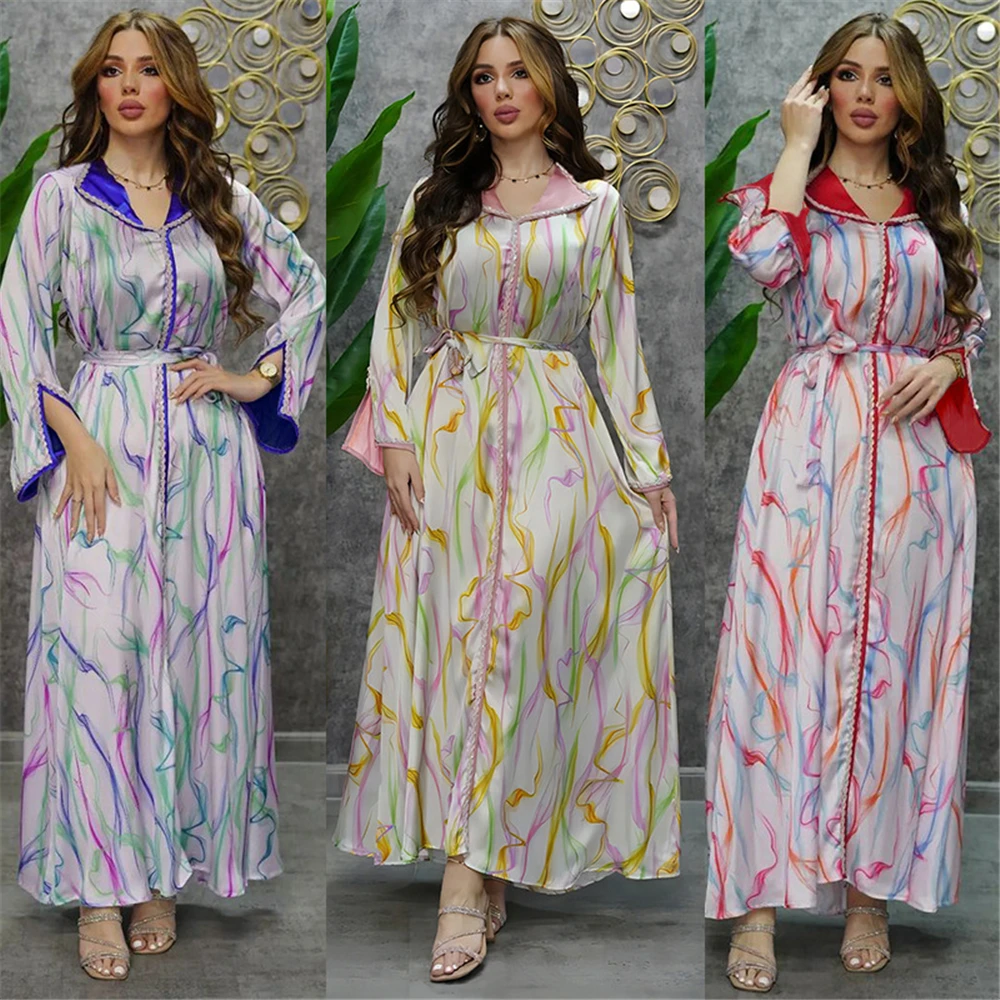 

Eid Mubarak Ramadan Diamonds Print Abaya Kaftan Women Muslim Maxi Dress Morocco Gown Arabic Robe Turkey Caftan Dubai Jalabiya